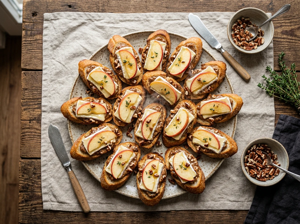 Toasted Baguette Slices with Pecan Butter, Brie and Apples