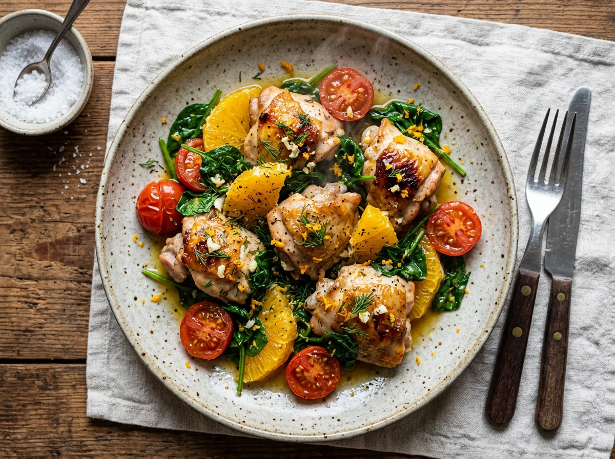 Hähnchen mit Orange, Spinat und Kirschtomaten