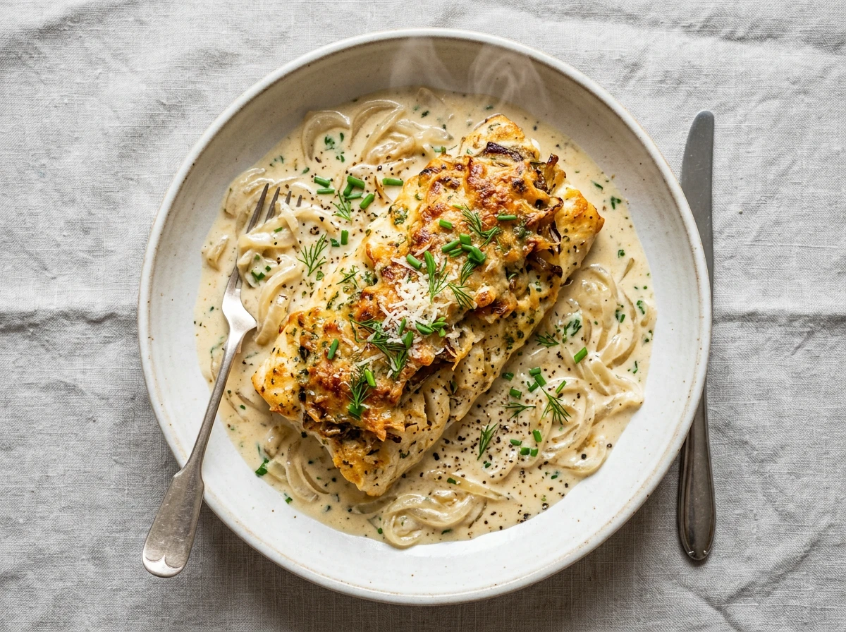 Hecht mit Parmesankäse und Zwiebeln