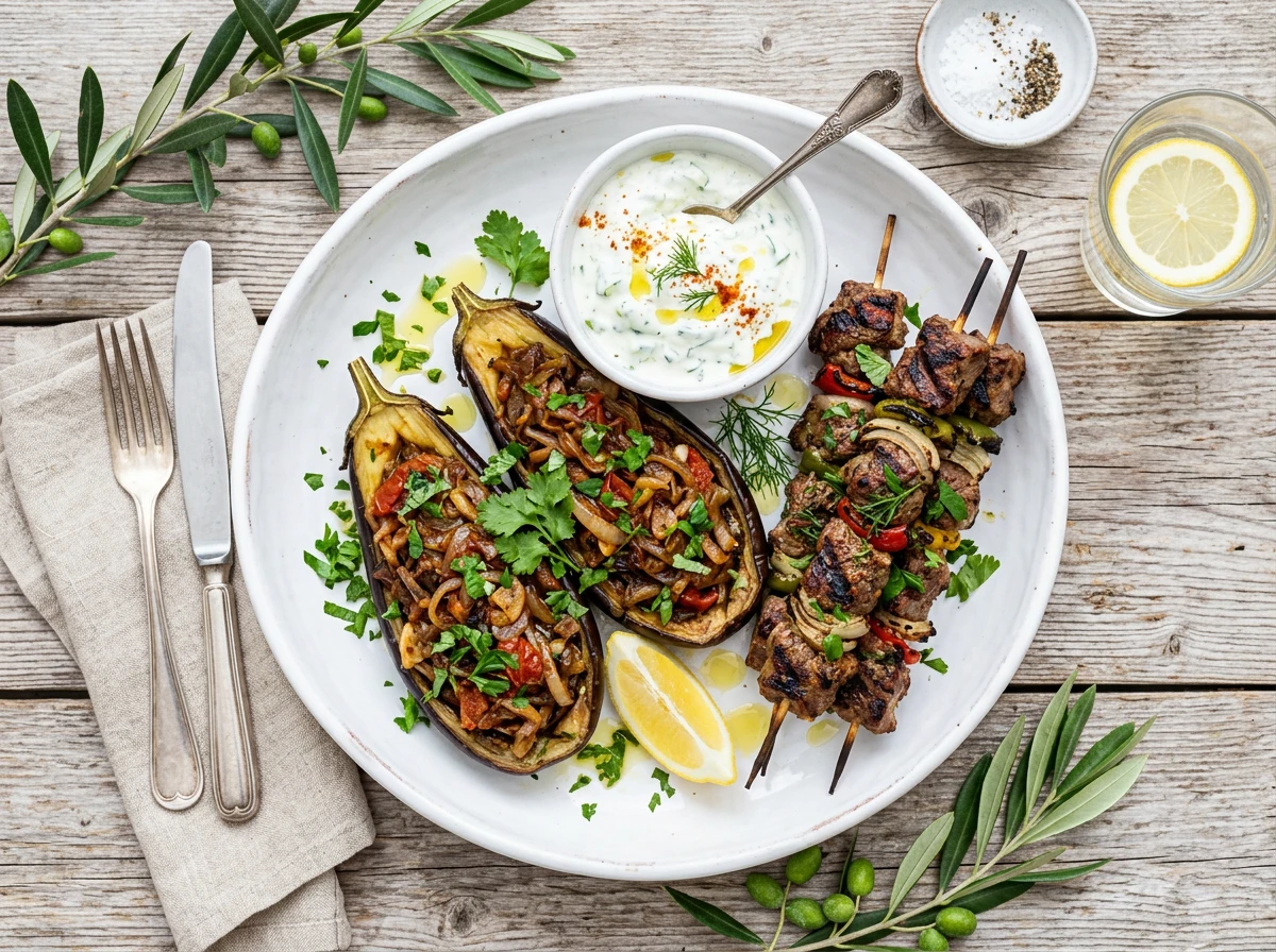Imam bayildi avec agneau au barbecue et tzatziki