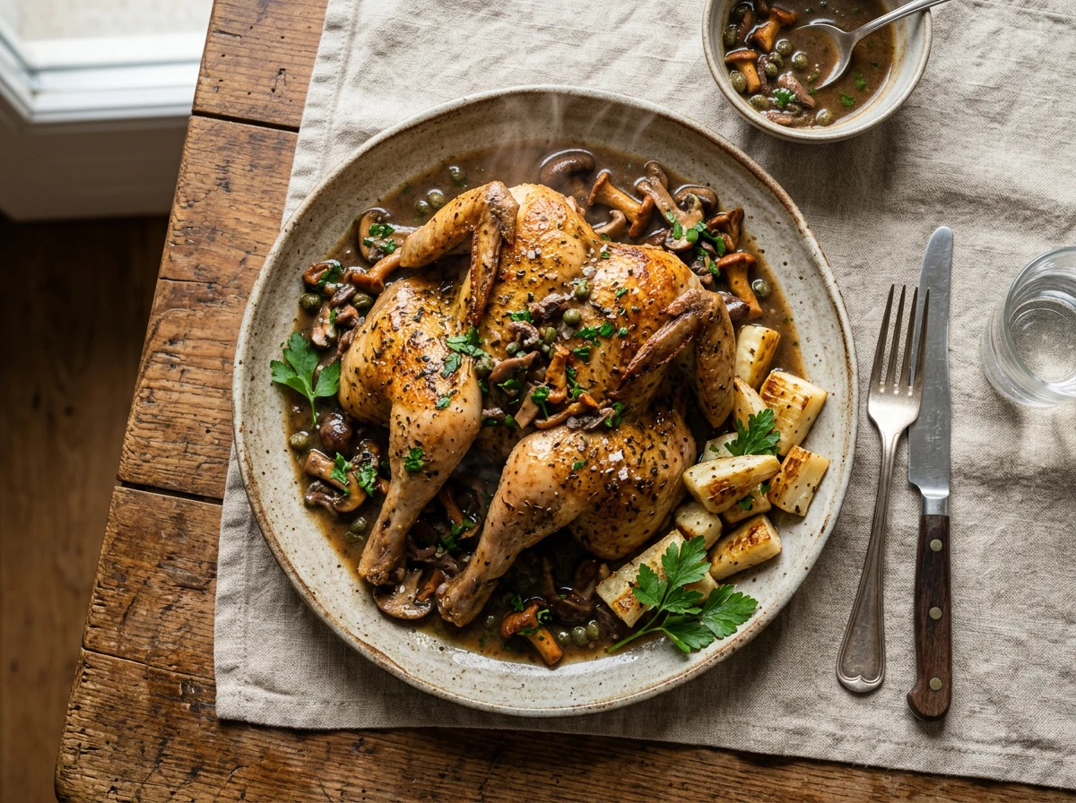 Junge Hühner mit einer Pilz-Caper-Sardellen-Sauce