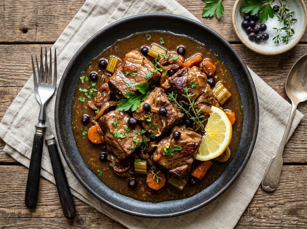 Kalbfleisch geschmort mit Wacholder