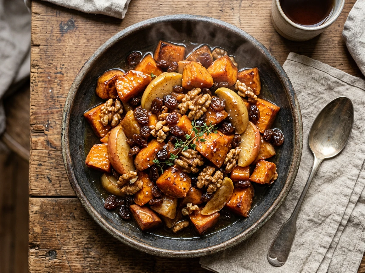 Kandierte Süßkartoffeln mit Äpfeln und Rosinen