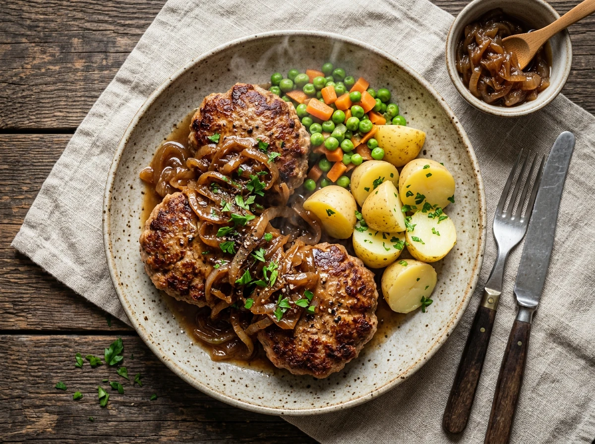 Karbonader (mageres Rinderhack) mit karamellisierten Zwiebeln