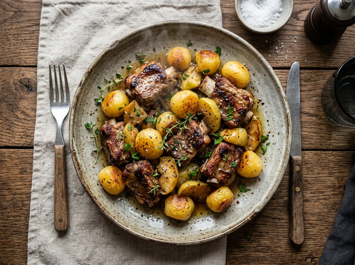 Kartoffeln, Schweinsrippe und saure Äpfel zusammen gebraten