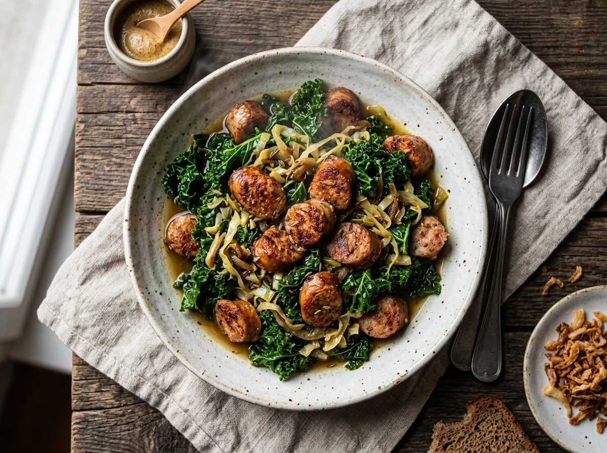 Knusprige Würstchen mit Grünkohl und Kohl