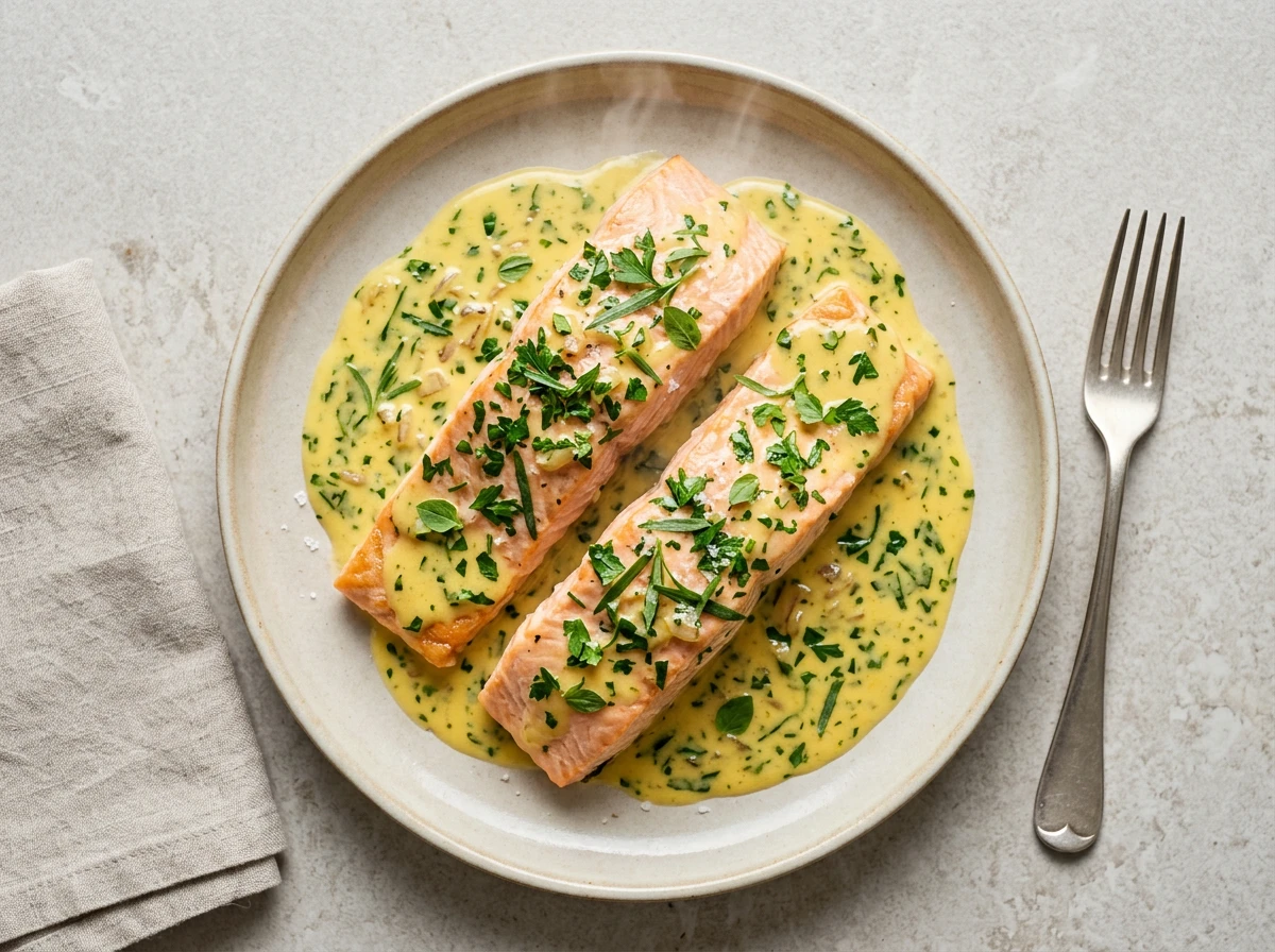 Lachs mit Kräutern in gelber Sauce