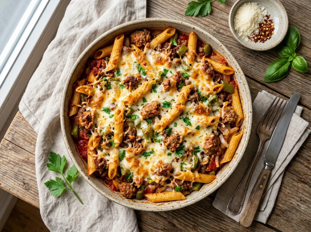 Pasta-Auflauf mit Fleisch und Käse (Mostaccioli)