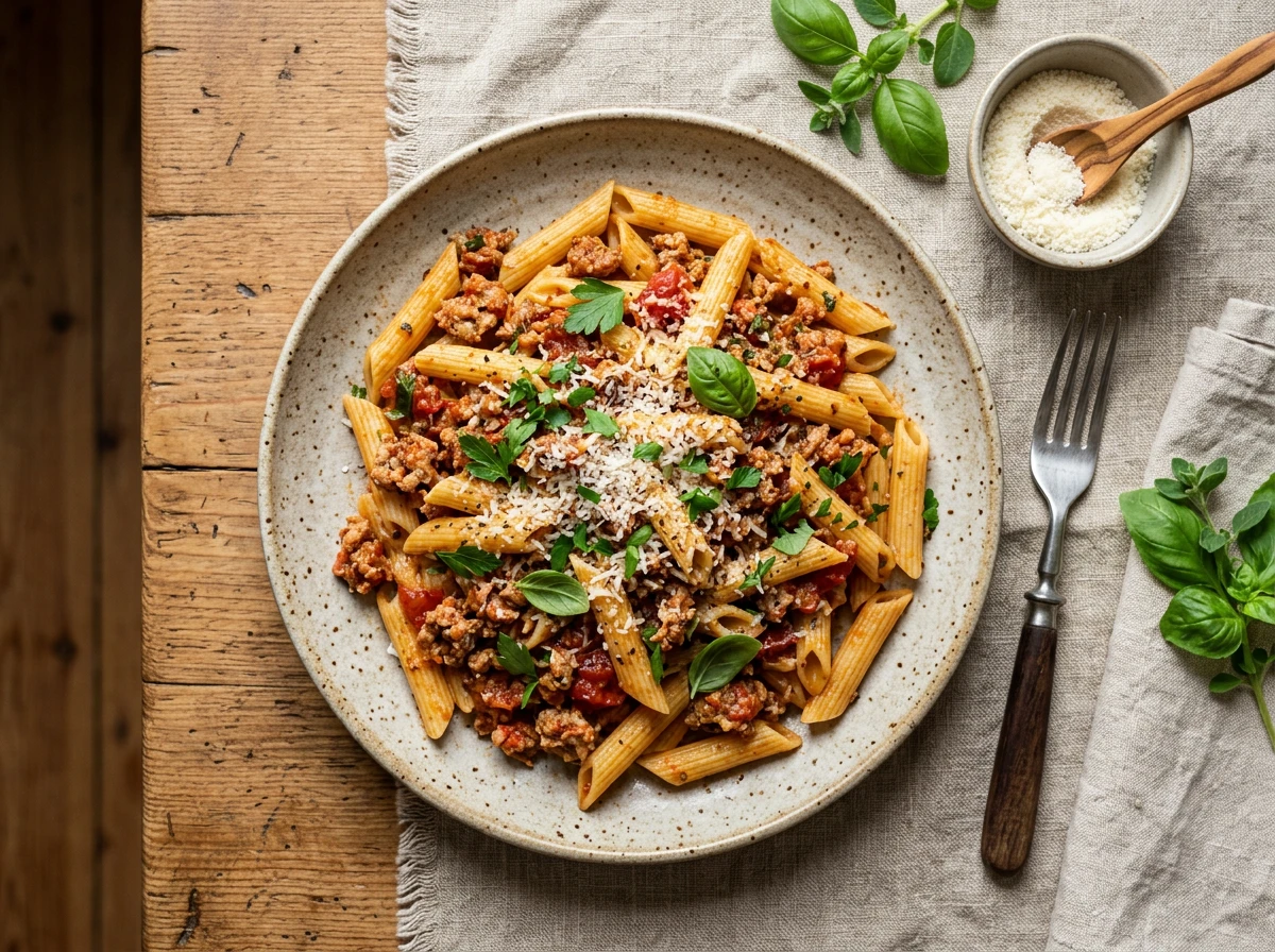 Penne mit würziger Fleischsauce