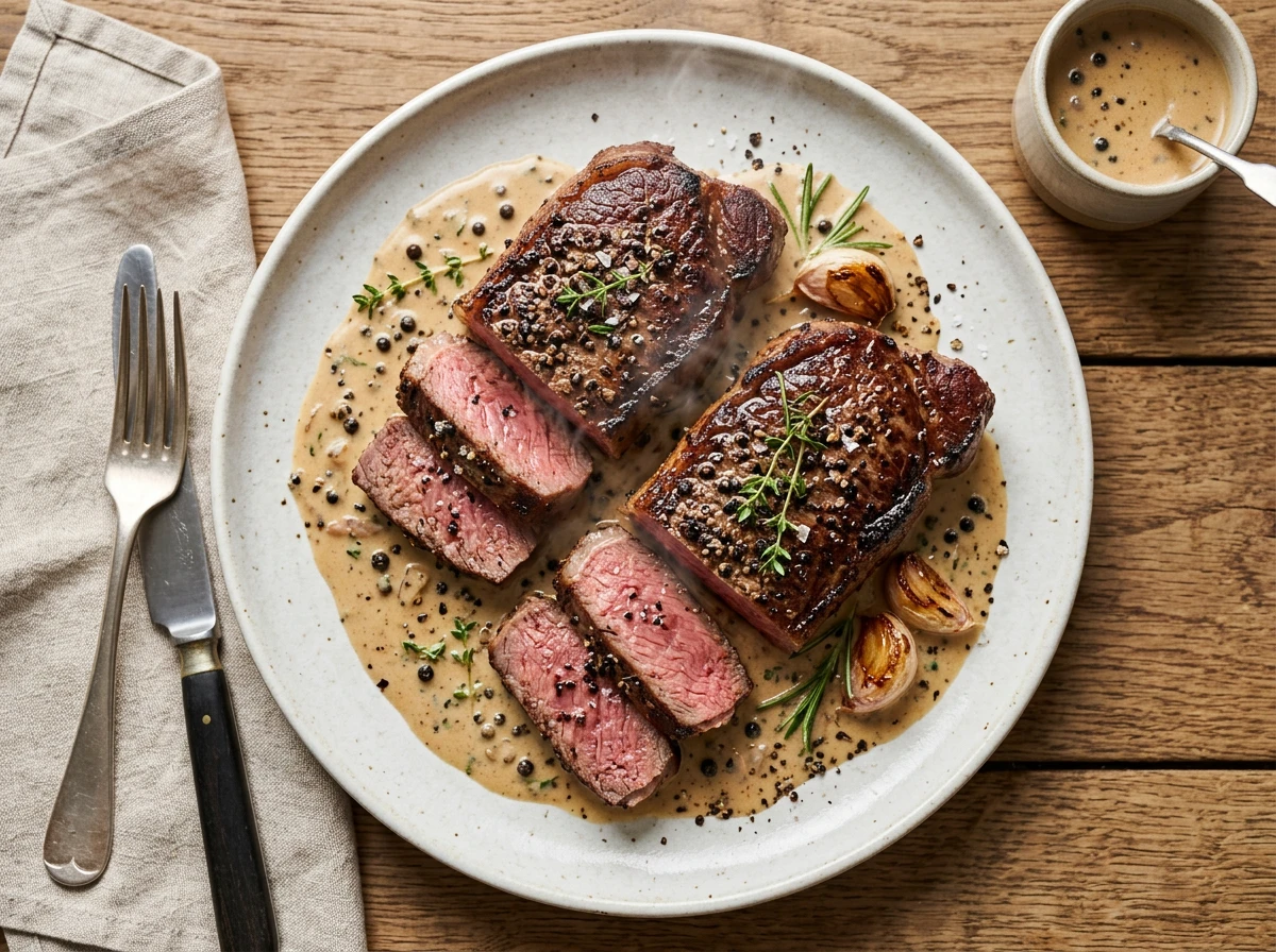 Peppercorn Strip Steaks with Cognac Cream Sauce