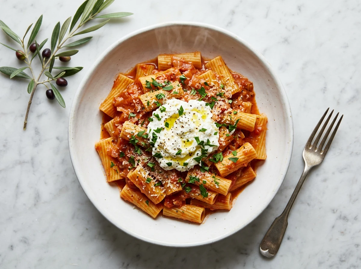 Rigatoni Pasta with Ricotta in Tomato Cream Sauce