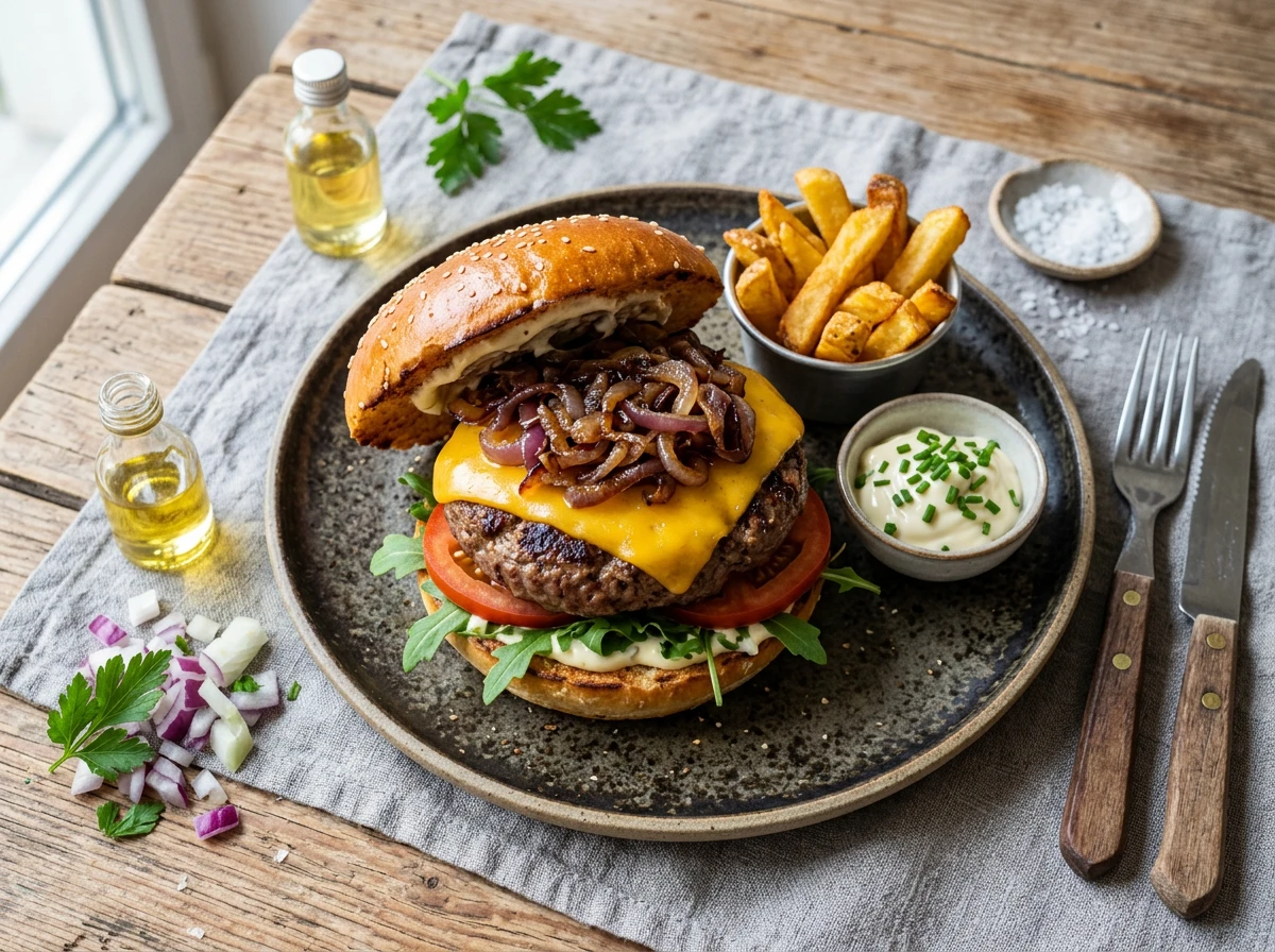 Rindfleisch-Burger mit Zwiebeln