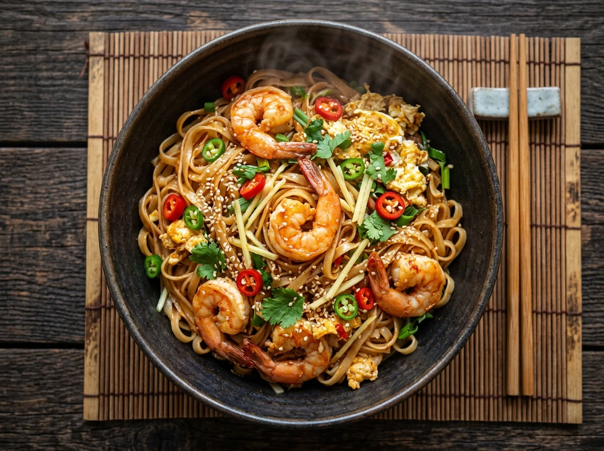 Nouilles thaïlandaises épicées aux crevettes