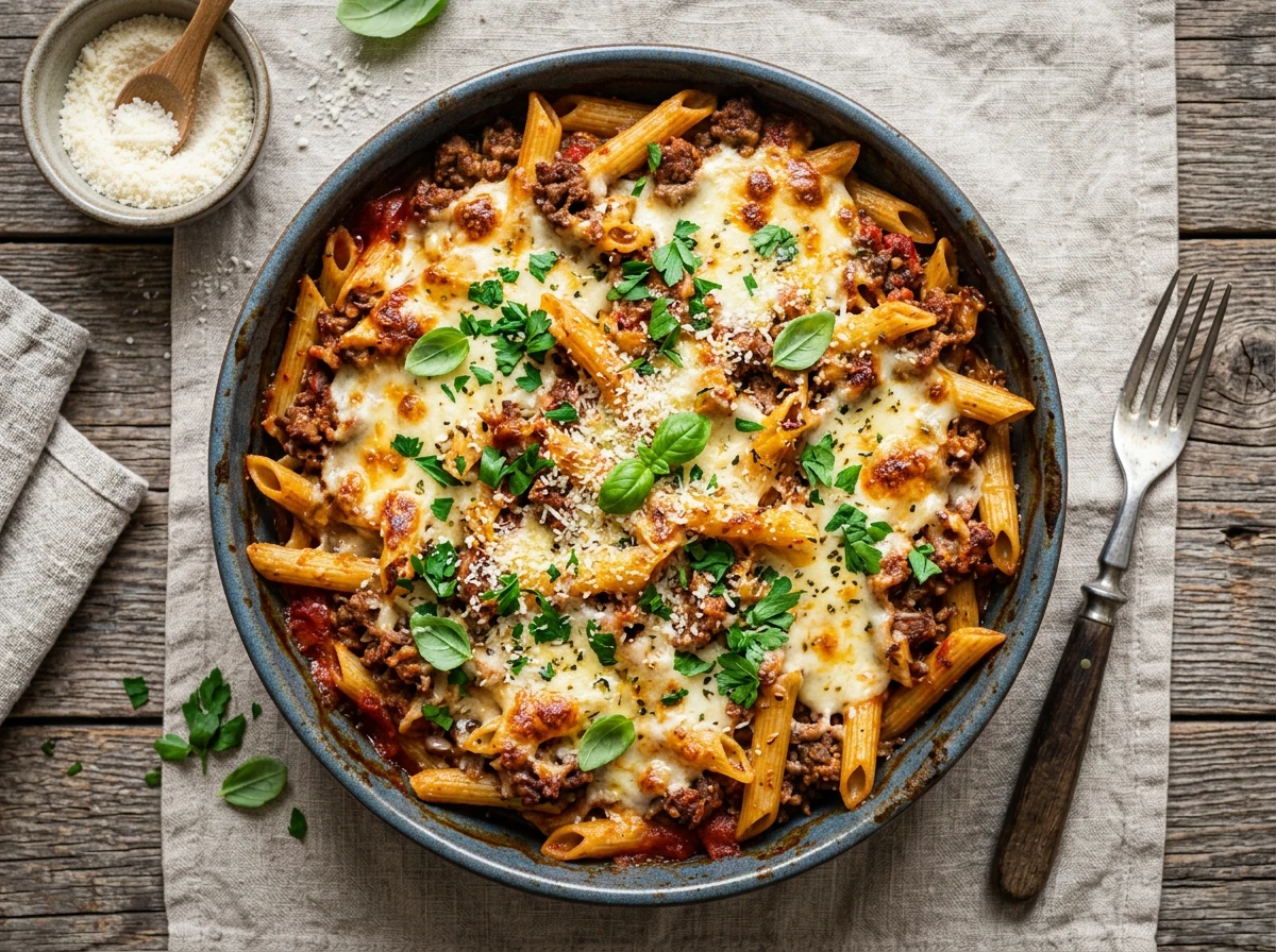Schnelles gebackenes Rindfleisch-Pasta-Auflauf