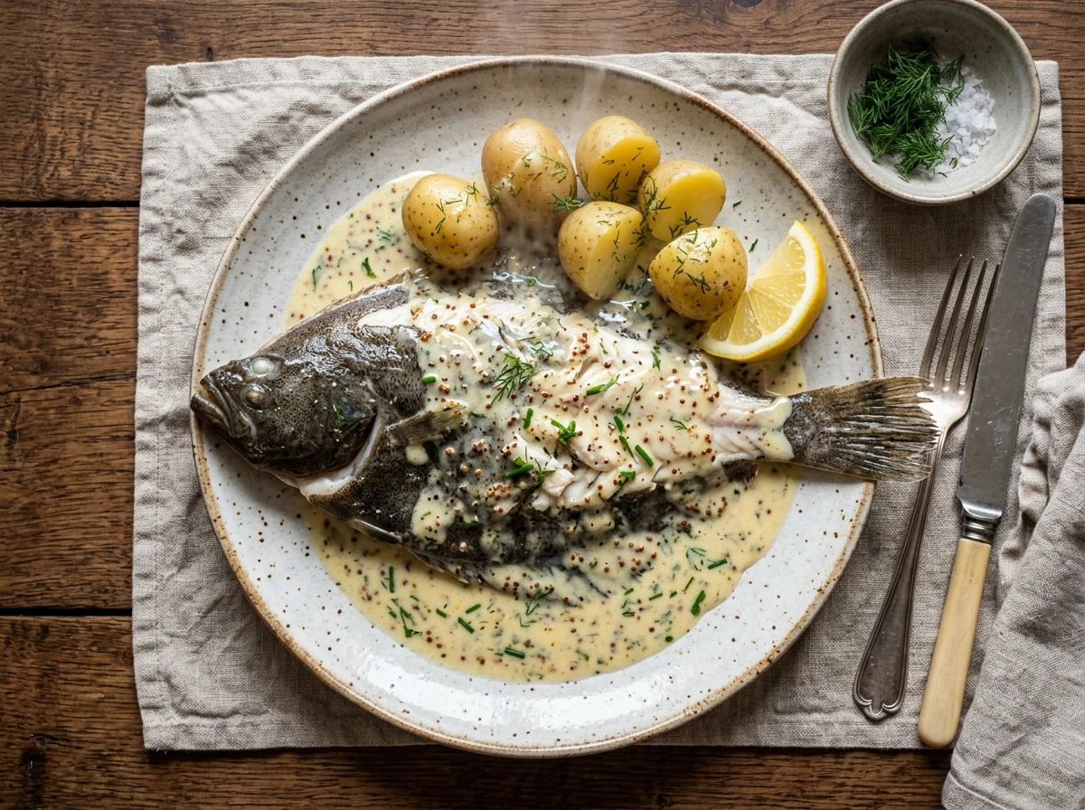 Scholle pochiert mit Senf-Butter