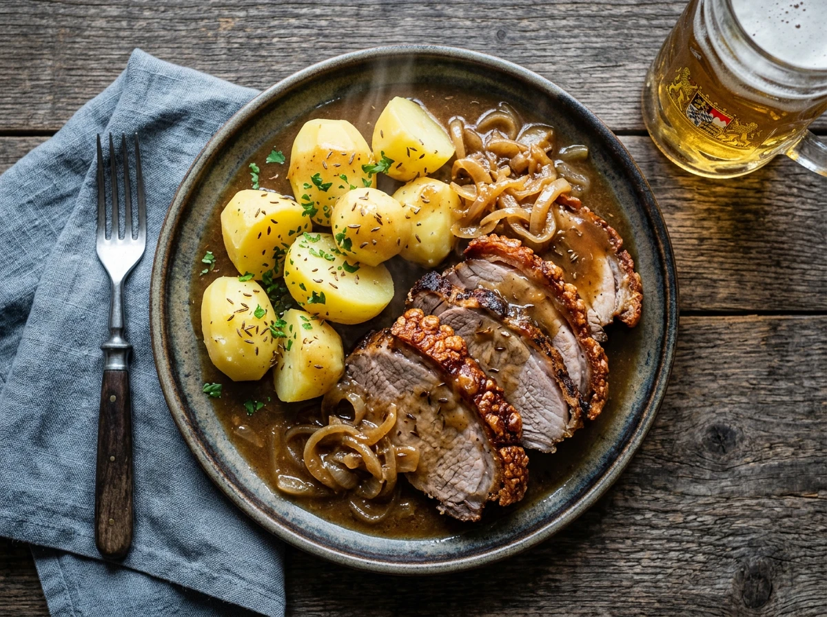 Schweinsbraten mit Kartoffeln und Zwiebeln