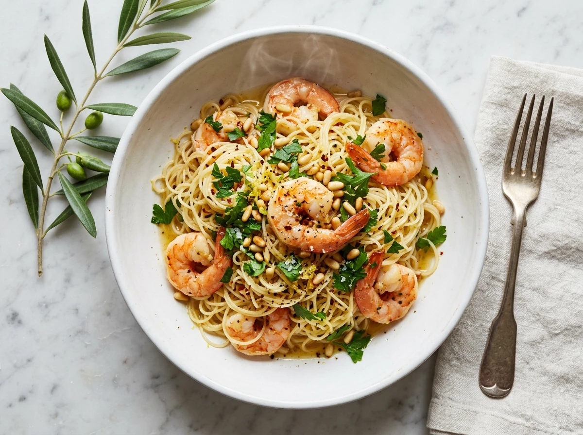 Shrimp Scampi Angel Hair Pasta with Lemon and Pine Nuts