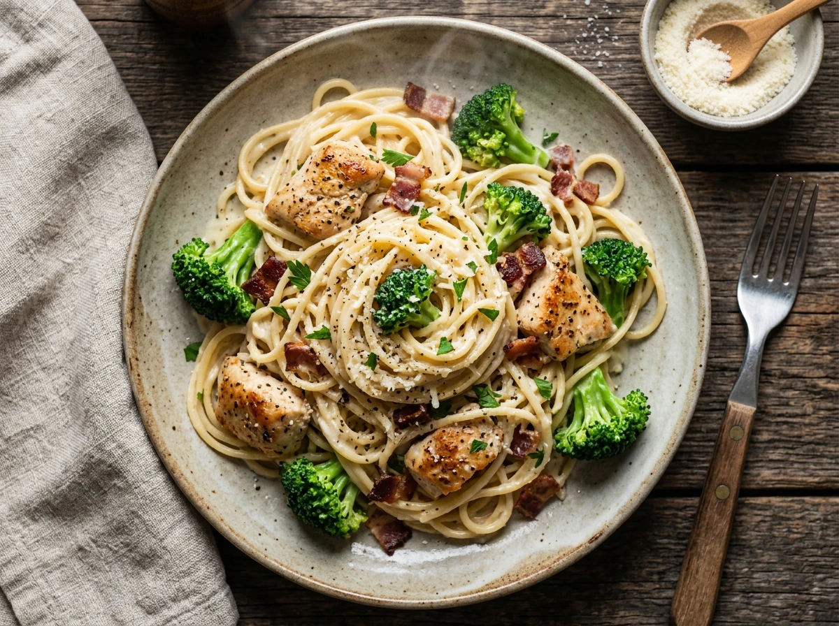Spaghetti Alfredo mit Hähnchen, Bacon und Brokkoli