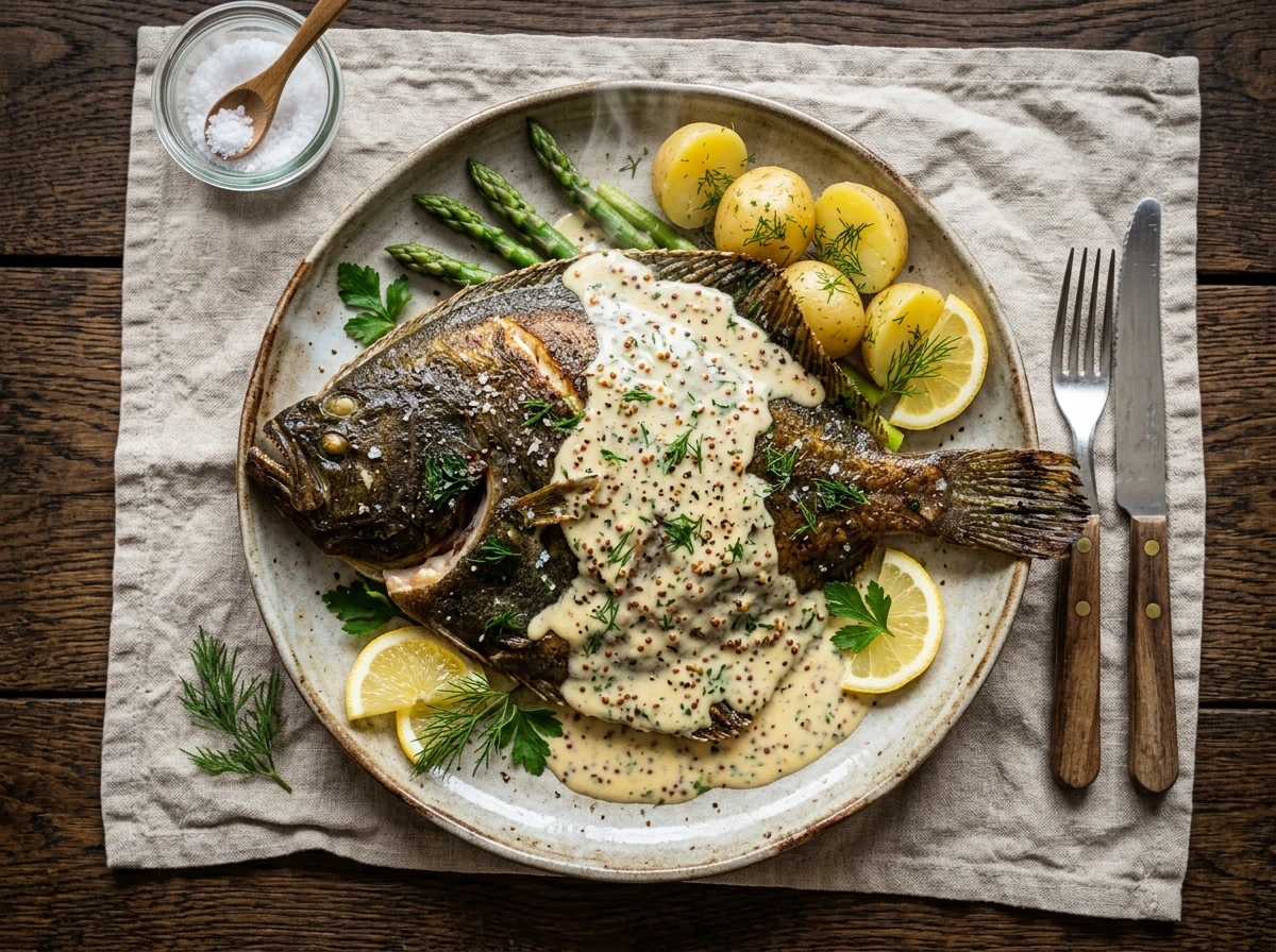 Steinbutt (Turbot) mit Butter-Senf-Sauce