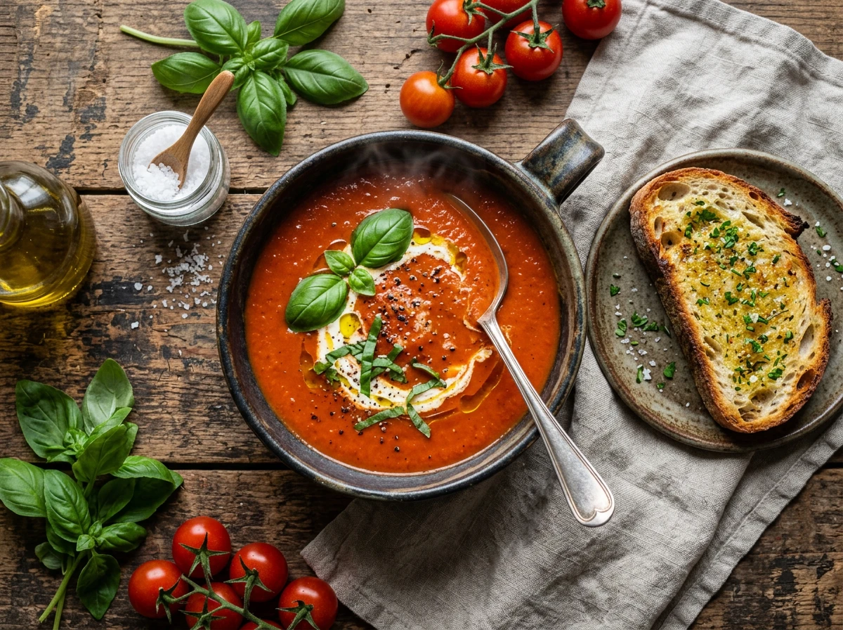 Tomaten-Basilikum-Suppe mit Knoblauch-Toast