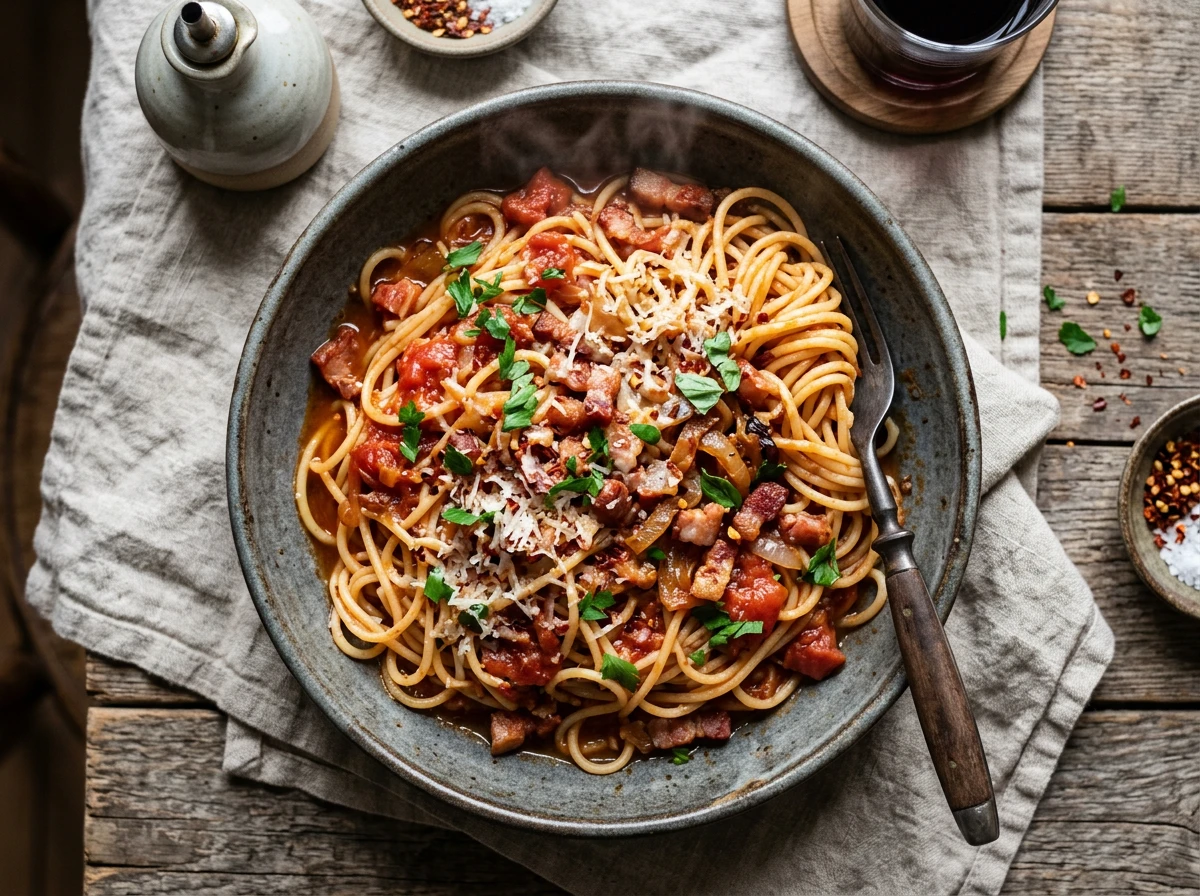 Tomatenpasta mit Speck, Zwiebeln und Käse