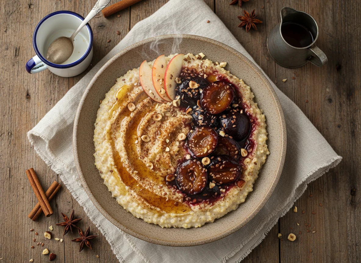 Apfel-Zimt-Hirsebrei mit Pflaumenkompott