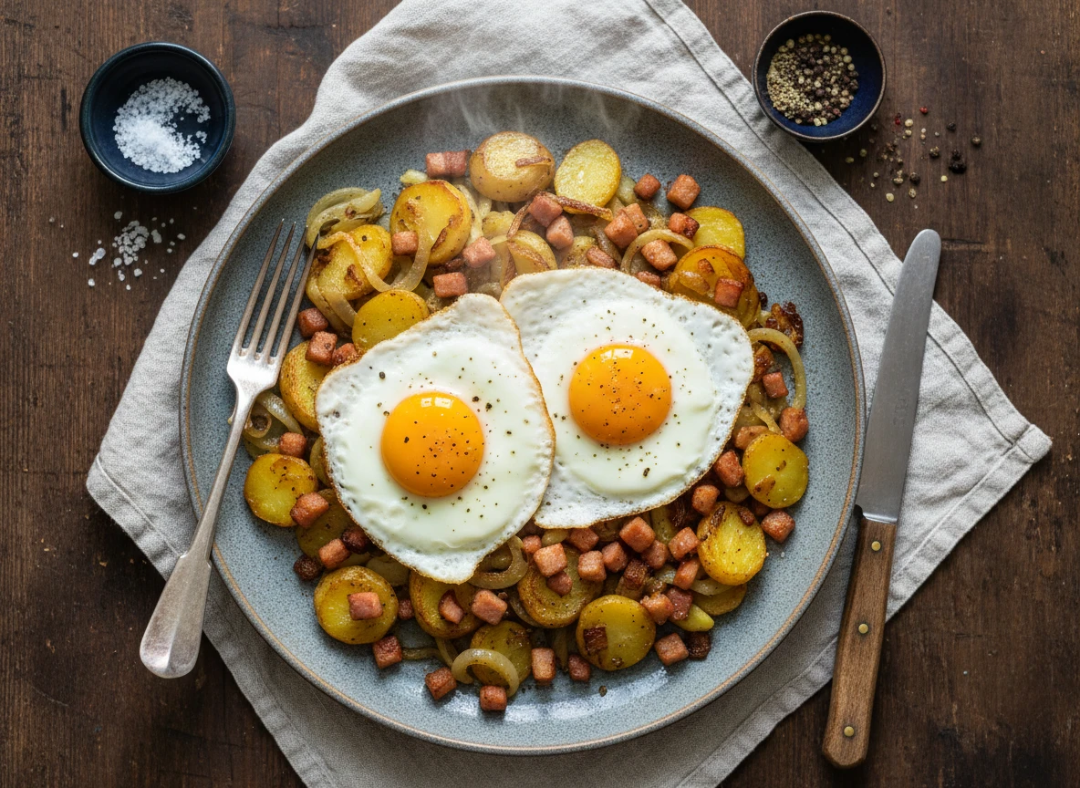 Bratkartoffeln mit Speck und Spiegelei