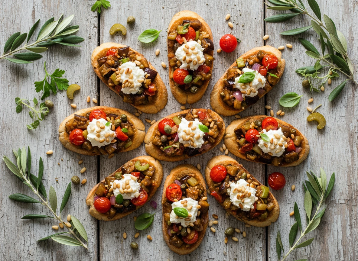 Caponata Bruschetta with Ricotta and Pine Nuts