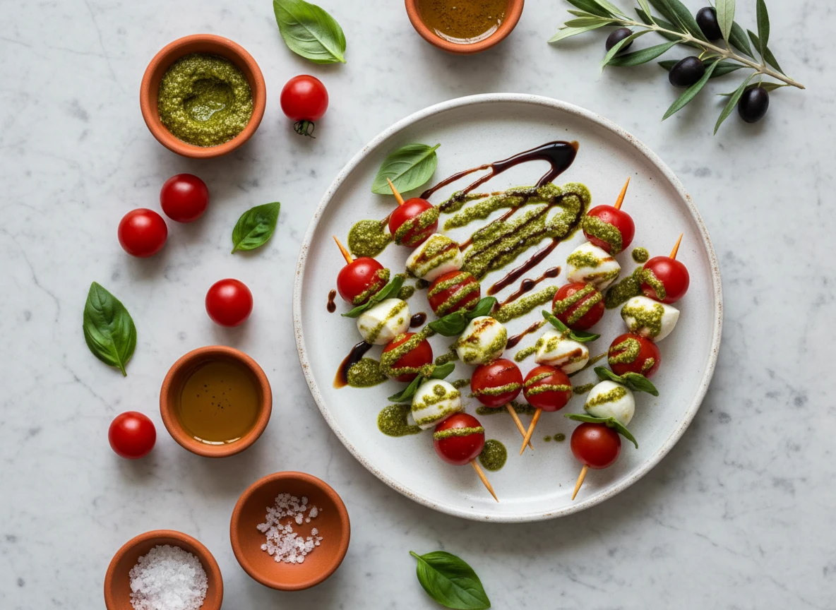 Caprese Skewers with Pesto Drizzle