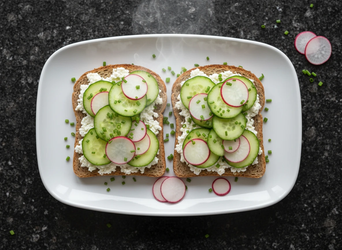 Tartine de concombre, radis et fromage blanc