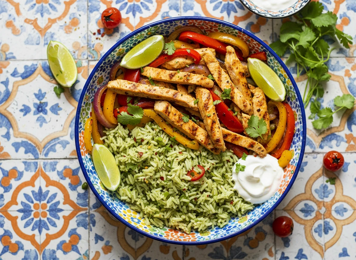 Hähnchen-Fajita-Bowl mit Paprika und Limettenreis