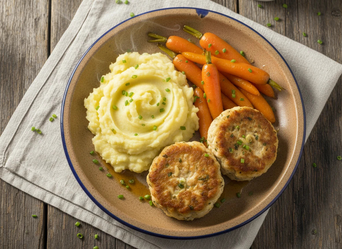Hähnchen-Frikadellen mit Kartoffelstampf und Karotten