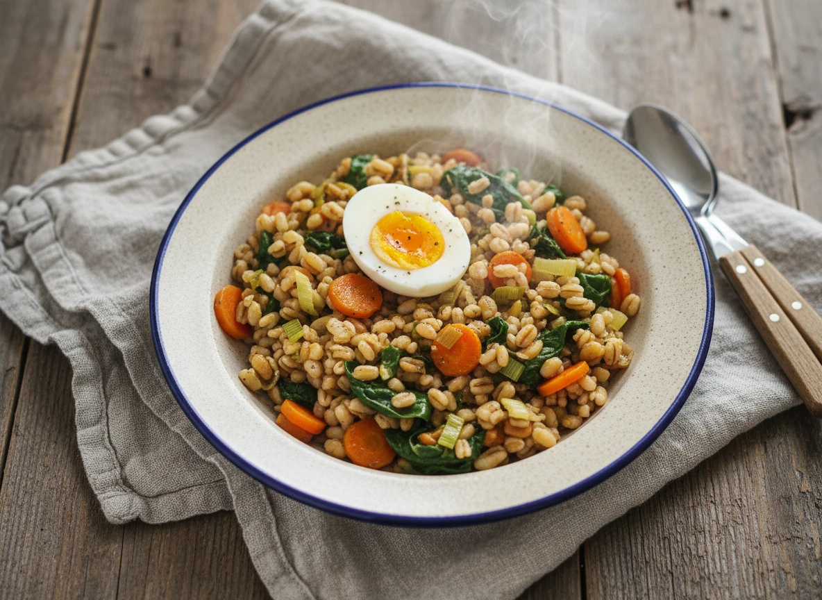 Herzhafter Graupen-Gemüse-Brei mit Ei