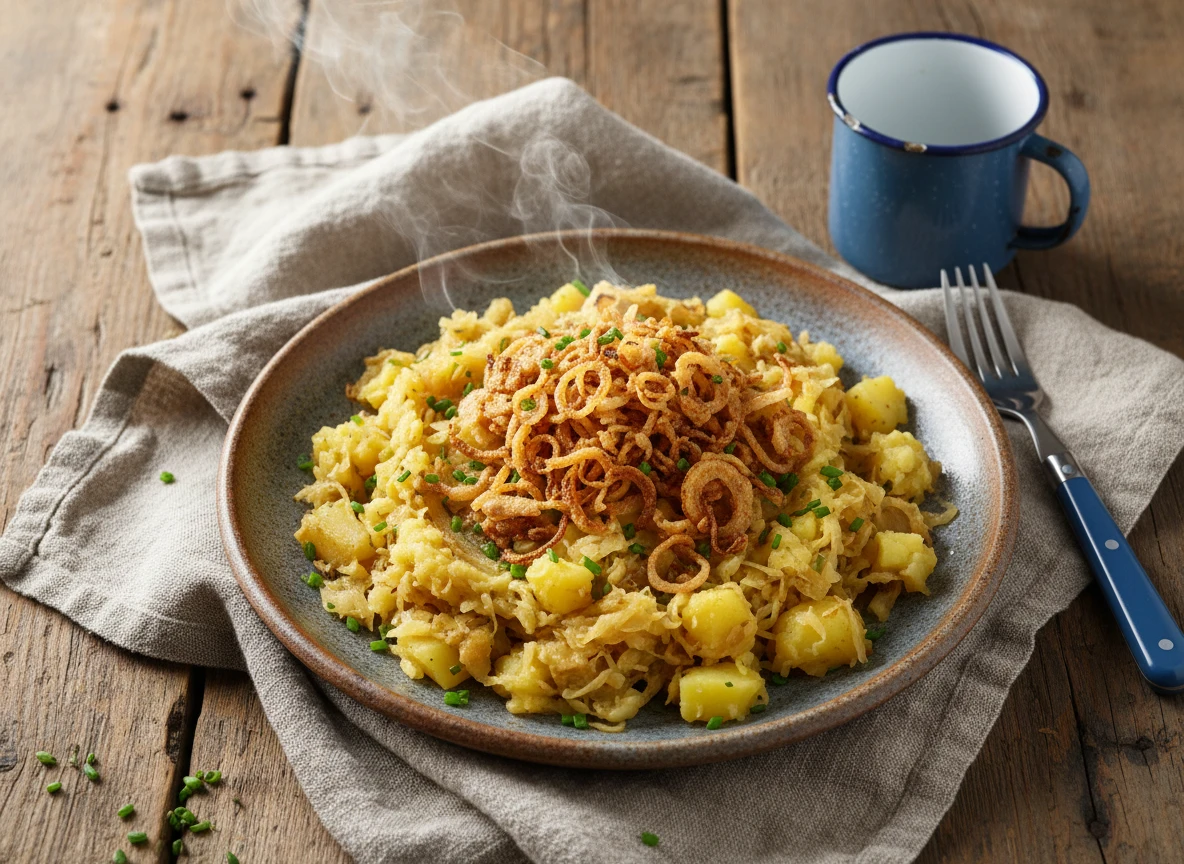 Herzhafter Kartoffel-Sauerkraut-Stampf mit Röstzwiebeln
