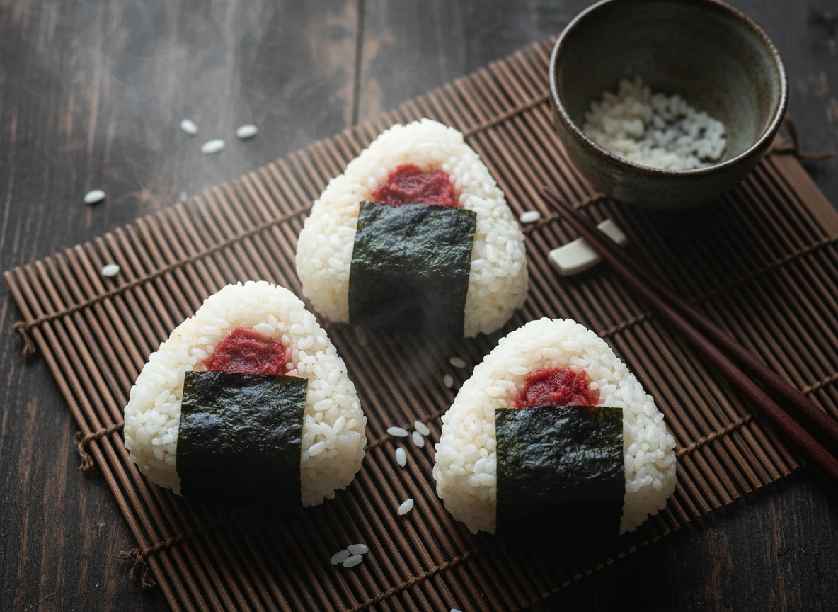 Japanische Onigiri mit Umeboshi und Nori (Vegan)