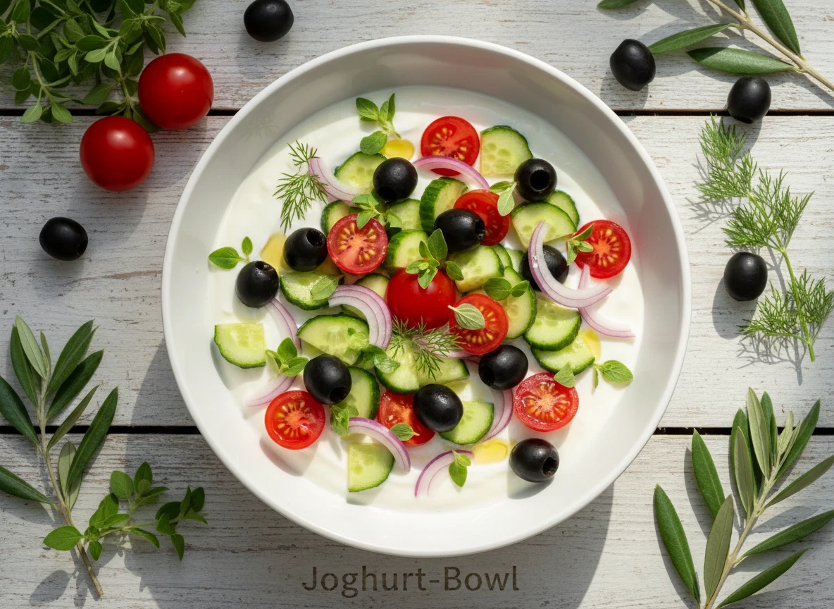 Bol de Yaourt avec Tomate, Concombre et Olives