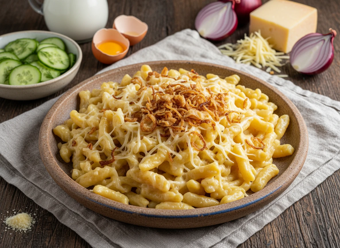 Käsespätzle Mit Röstzwiebeln Und Gurkensalat