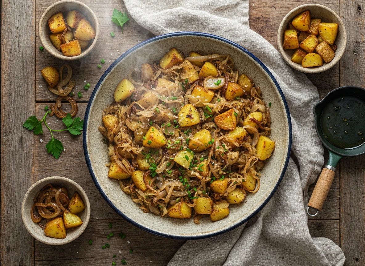 Kartoffel-Sauerkraut-Pfanne mit Zwiebeln