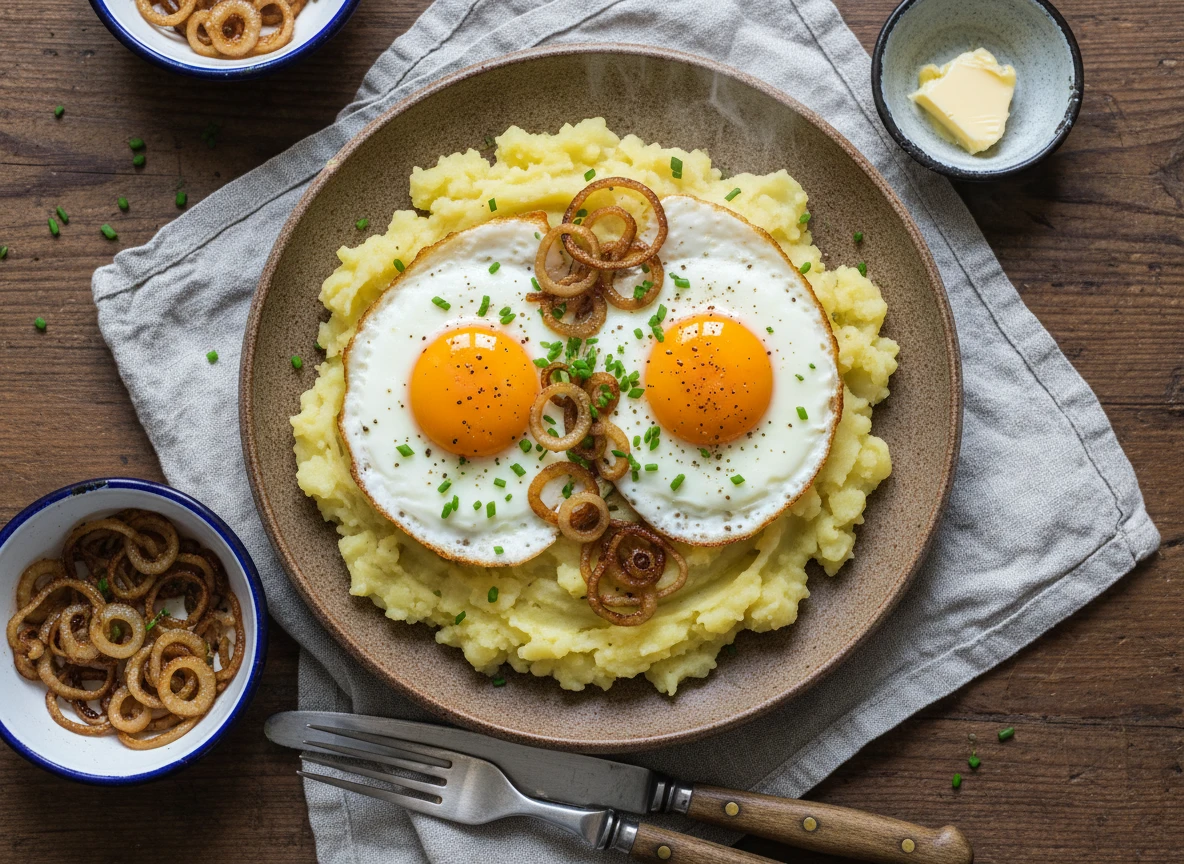 Kartoffelstampf mit Spiegelei und Zwiebeln