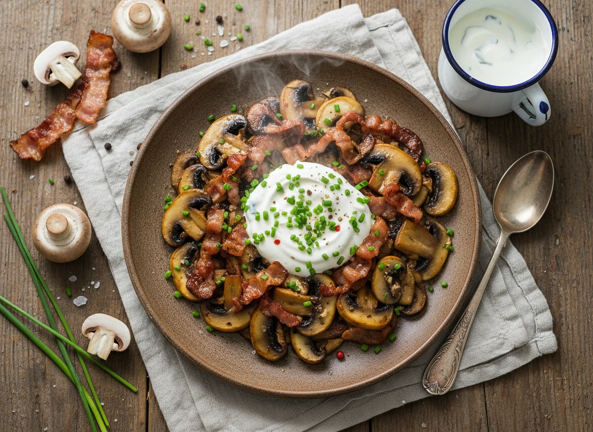 Knusprige Speck-Champignon-Pfanne mit Kräuter-Schmand