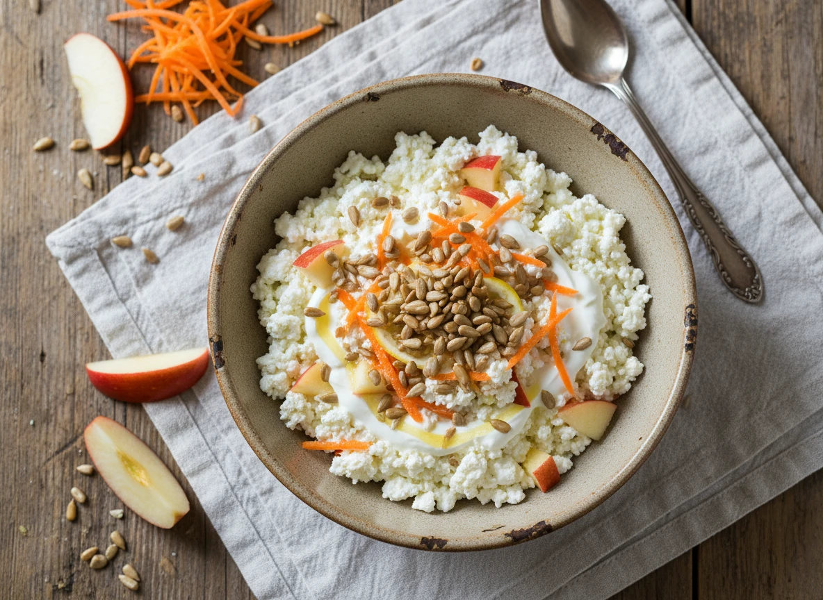 Körniger Frischkäse Mit Apfel, Karotte Und Sonnenblumenkernen