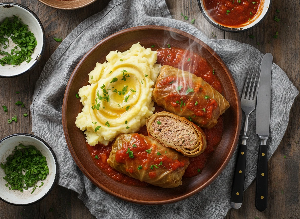 Kohlrouladen In Tomatensauce Mit Kartoffelpüree