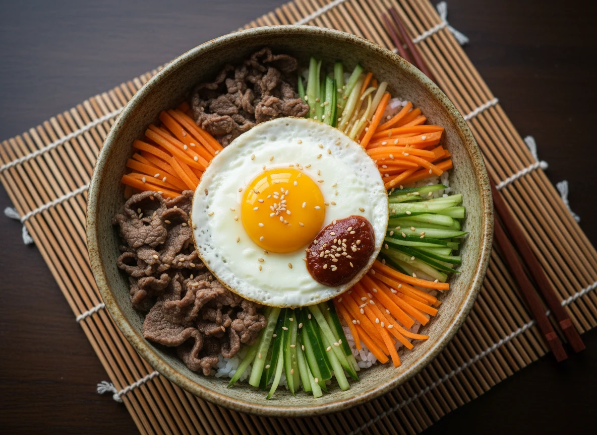 Bol de Bibimbap Coréen avec Bœuf et Œuf au Plat