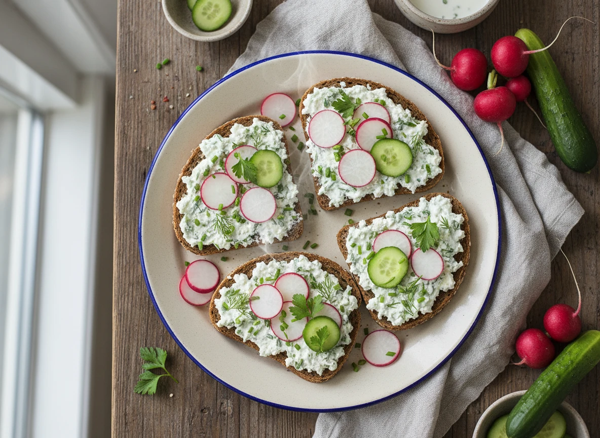 Kräuterquark Auf Vollkornbrot Mit Radieschen