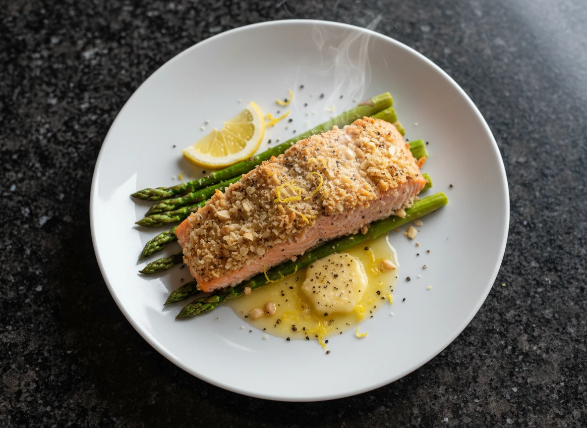Lachs in Zitronenbutter auf Spargel mit Mandelkruste