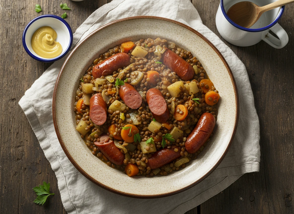 Linseneintopf mit Würstchen und Wurzelgemüse