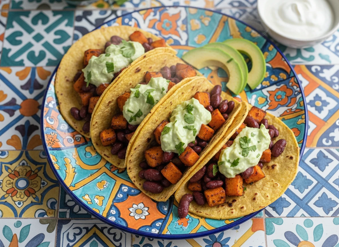 Mexikanische Süßkartoffel-Tacos mit Avocado-Limetten-Crema