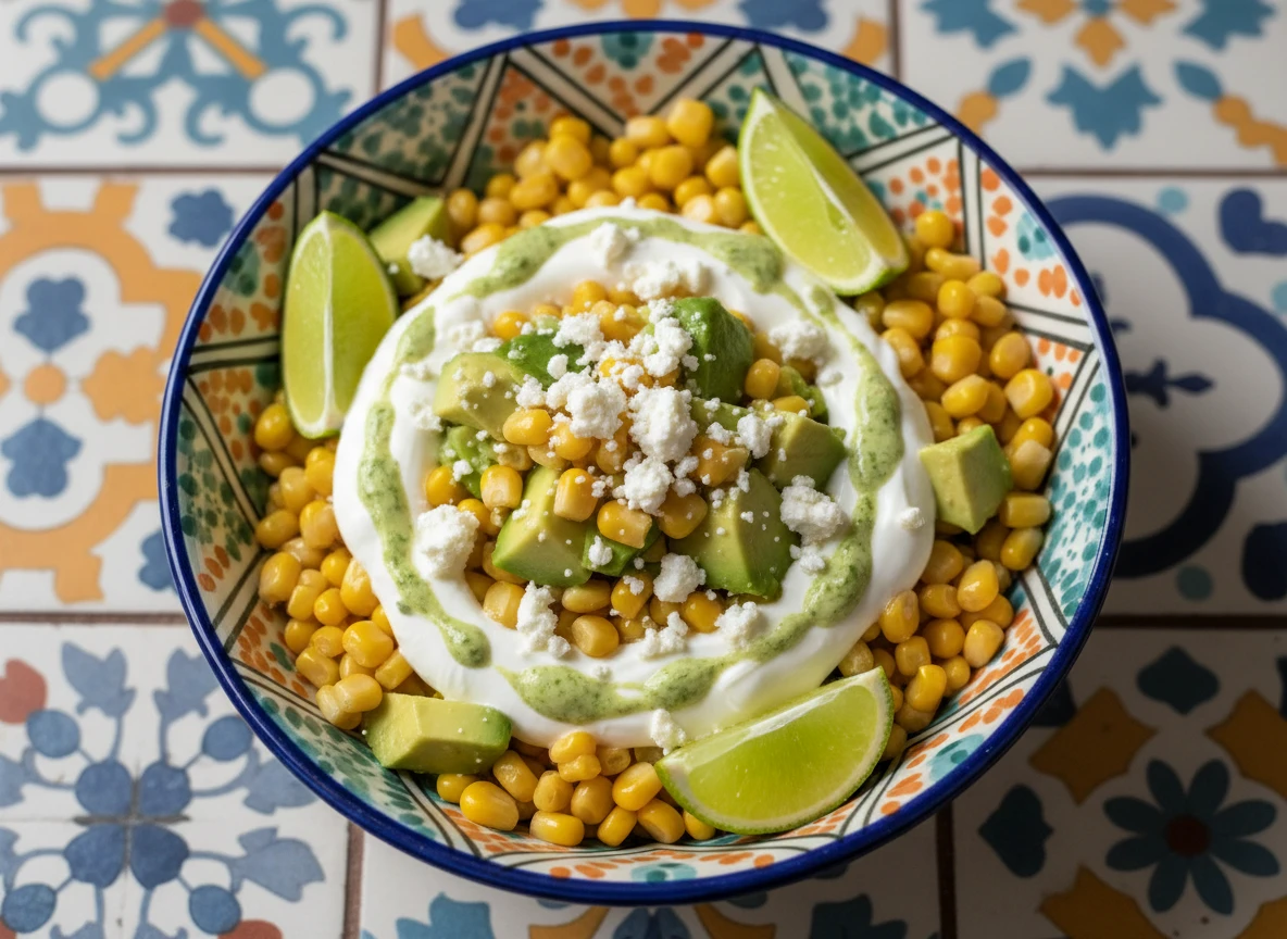 Mexikanischer Maisbecher mit Avocado und Joghurt-Limetten-Creme