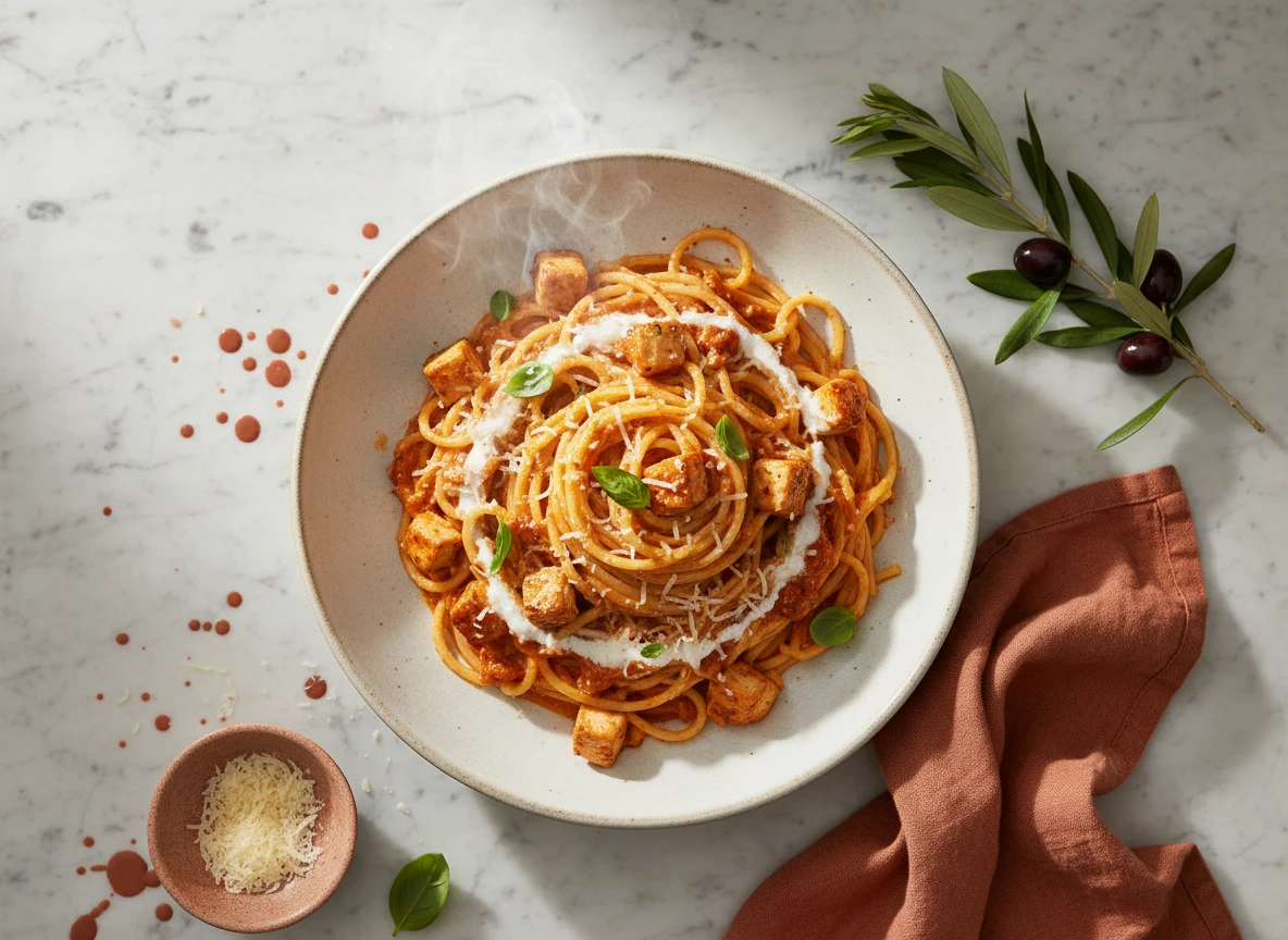 Milde Hähnchen-Spaghetti in Sahne-Tomatensauce