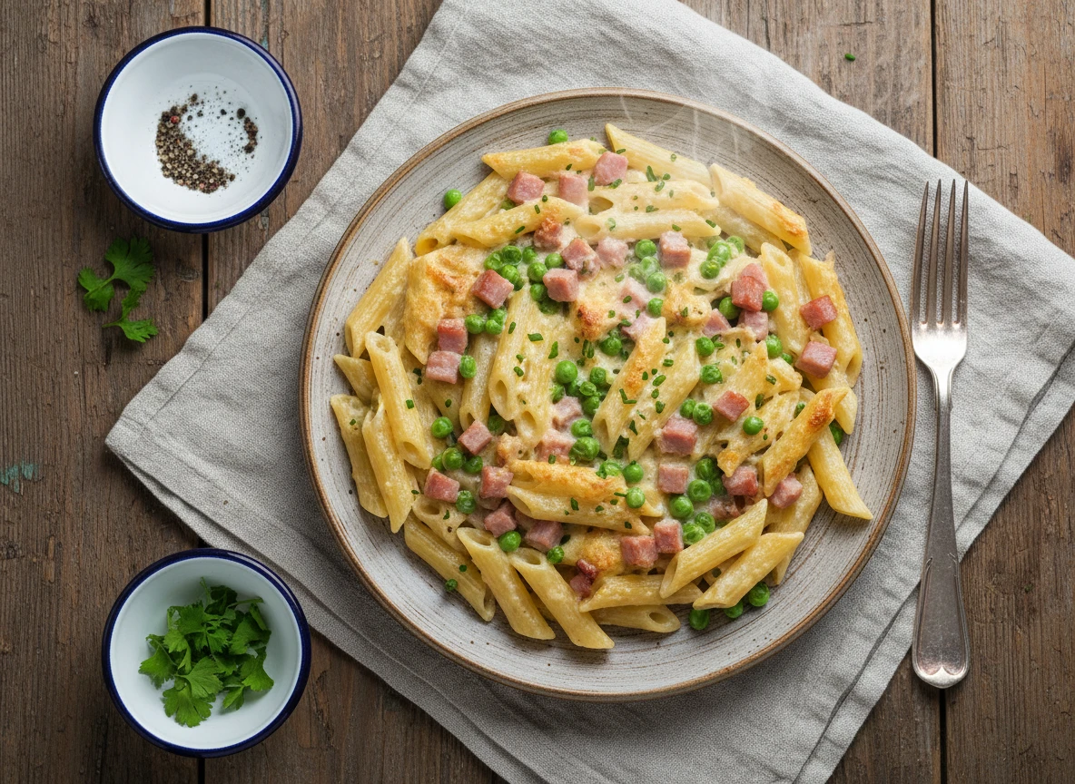 Milder Nudel-Schinken-Auflauf mit Erbsen